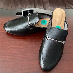 Rachel Zoe Black Leather Mules with Silver Accent